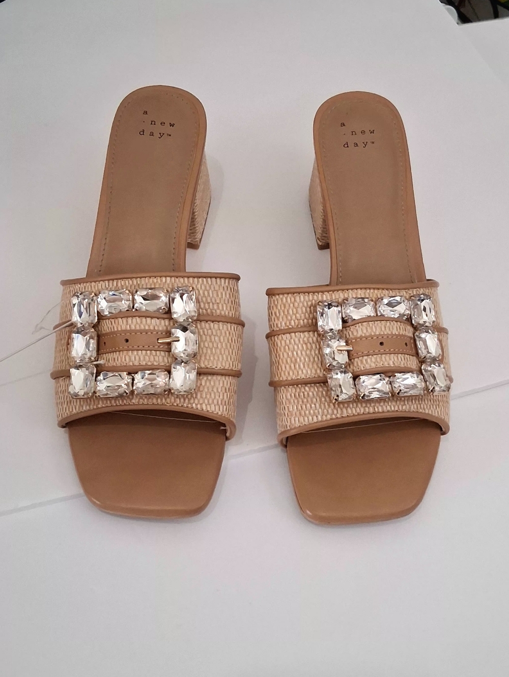 A NEW DAY Kathleen Beige Embellished Gold Rhinestones Slide Wedge Heels Size 10